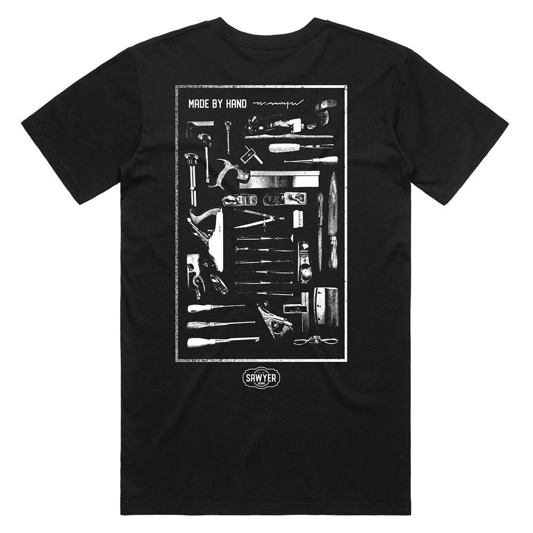 Made by Hand Woodworking Tee Shirt in Black | Woodworking Tools Flat Lay
