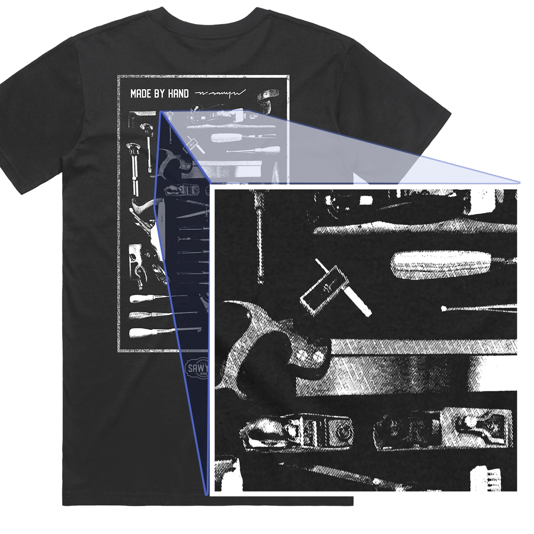 Made by Hand Woodworking Tee Shirt in Black | Woodworking Tools Flat Lay