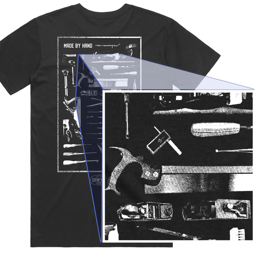 Made by Hand Woodworking Tee Shirt in Black | Woodworking Tools Flat Lay