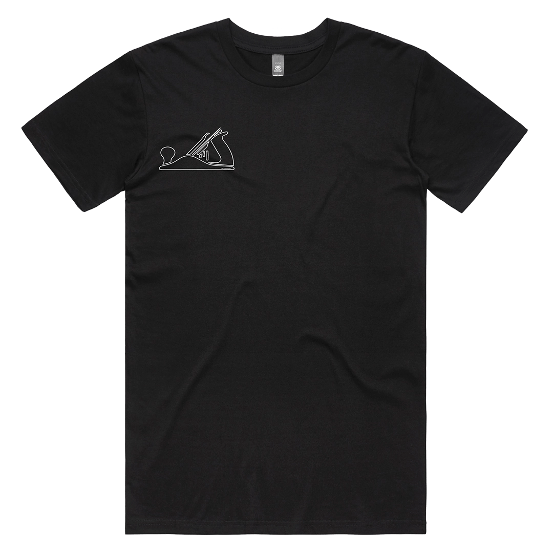 Made by Hand Woodworking Tee Shirt in Black | Woodworking Tools Flat Lay