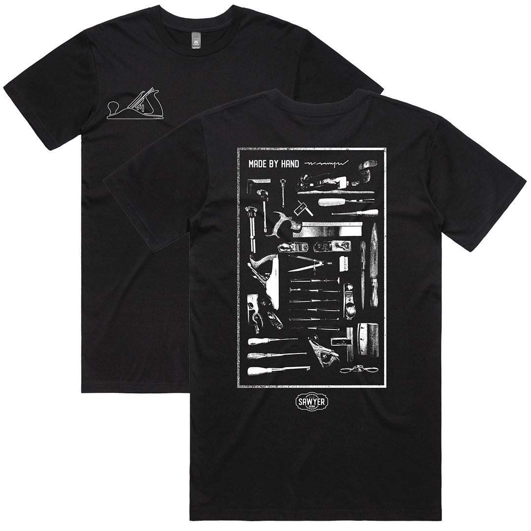 Made by Hand Woodworking Tee Shirt in Black | Woodworking Tools Flat Lay